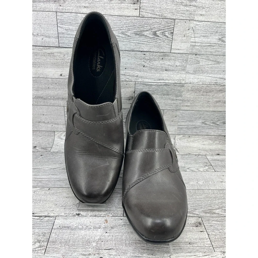 Clarks‎ Bendables Women Size 9.5M Dark Gray Leather Slip On Loafers Block Heel